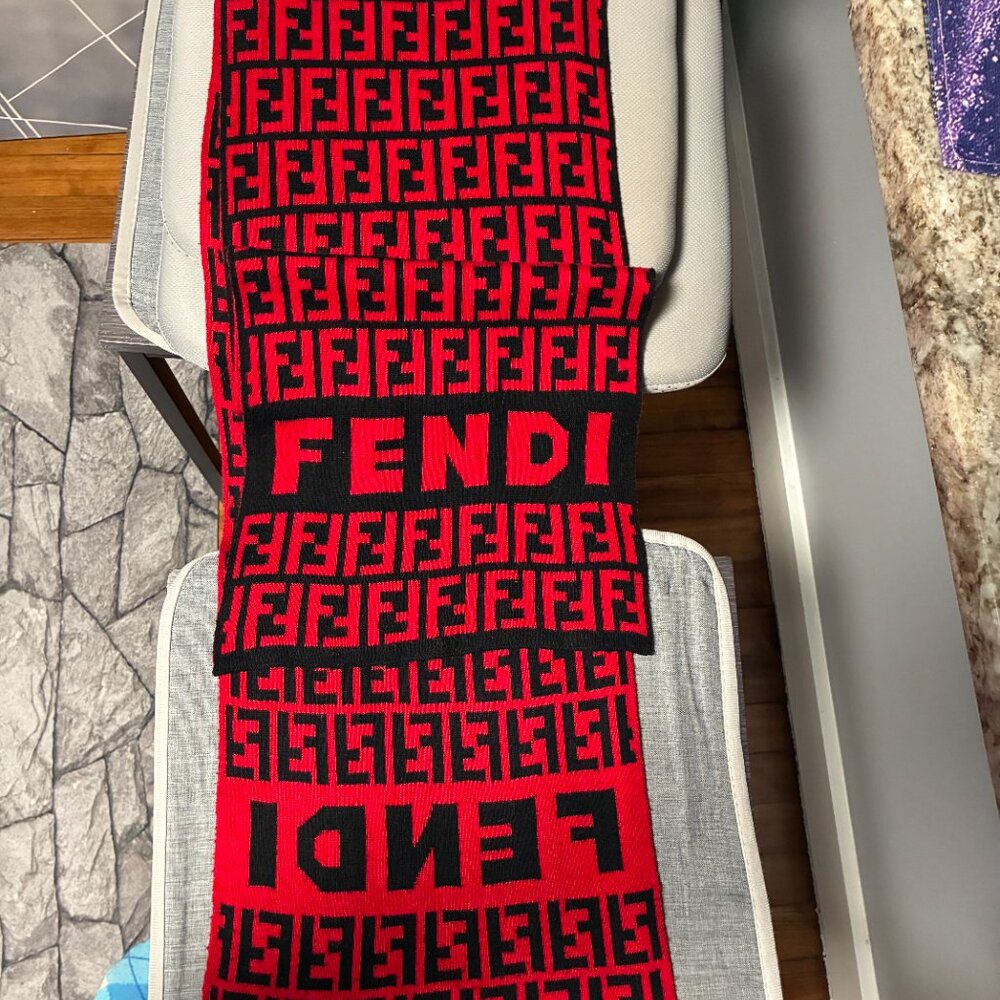 Vintage FENDI Black & Red Reversible Monogram Scarf with Logo Accent
